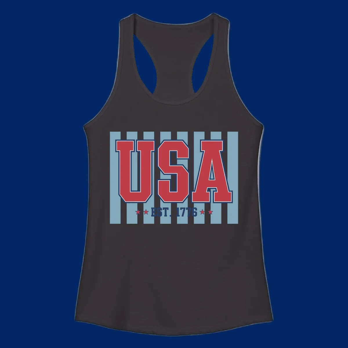 A patriotic design with large red 'USA' letters and 'EST. 1776' text, flanked by stars, against a striped background. usa-1776-founding-heritage.