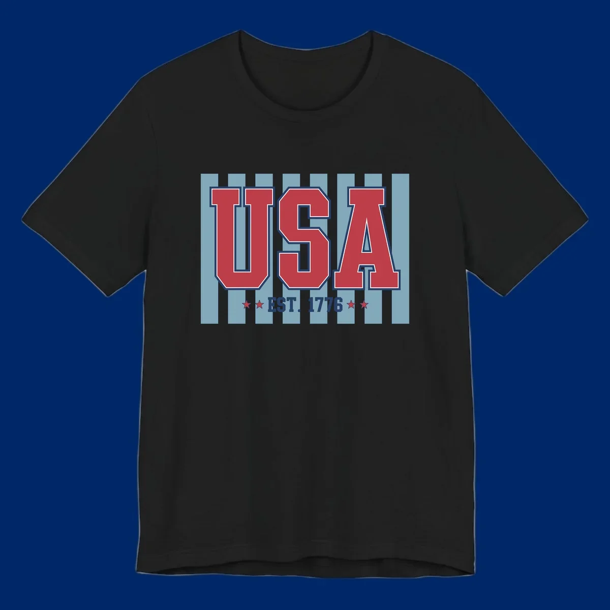 A patriotic design with large red 'USA' letters and 'EST. 1776' text, flanked by stars, against a striped background. usa-1776-founding-heritage.