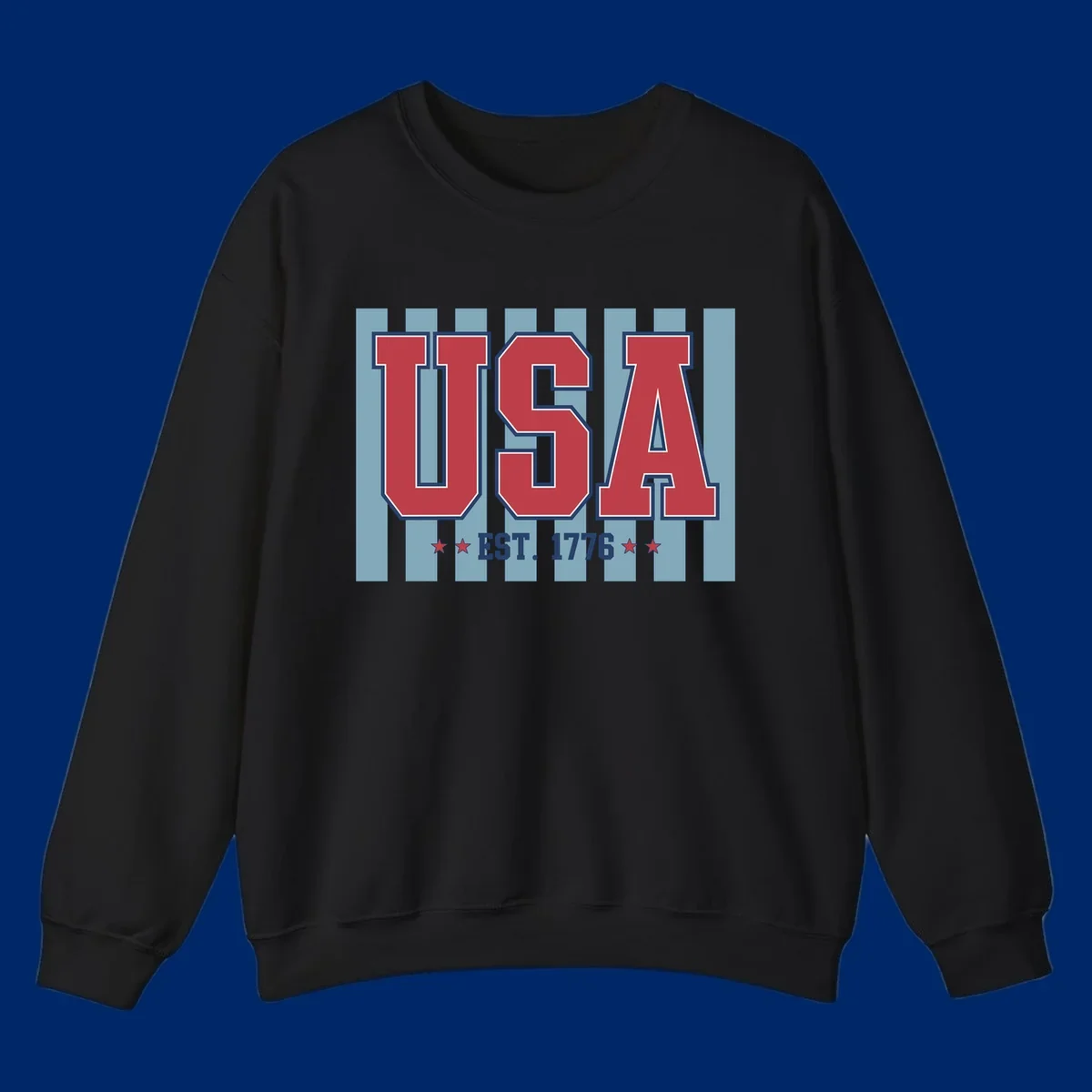 A patriotic design with large red 'USA' letters and 'EST. 1776' text, flanked by stars, against a striped background. usa-1776-founding-heritage.