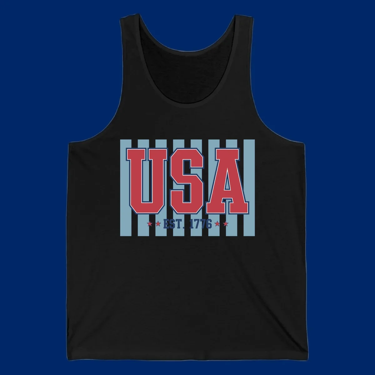 A patriotic design with large red 'USA' letters and 'EST. 1776' text, flanked by stars, against a striped background. usa-1776-founding-heritage.