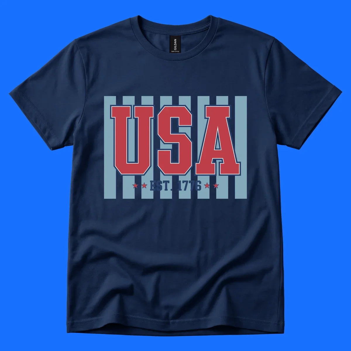 A patriotic design with large red 'USA' letters and 'EST. 1776' text, flanked by stars, against a striped background. usa-1776-founding-heritage.