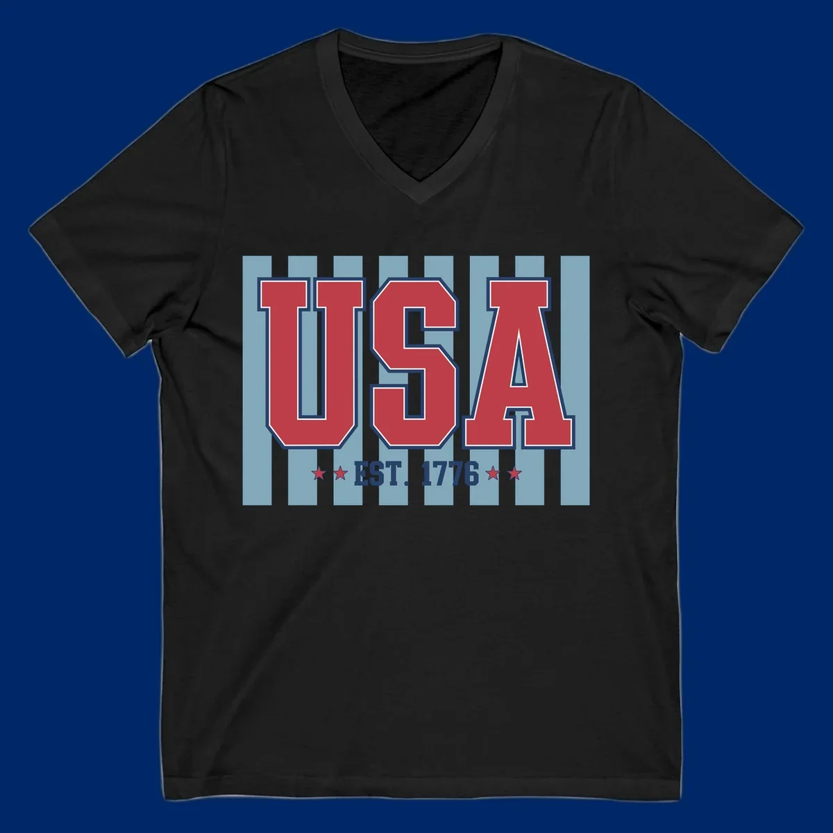 A patriotic design with large red 'USA' letters and 'EST. 1776' text, flanked by stars, against a striped background. usa-1776-founding-heritage.