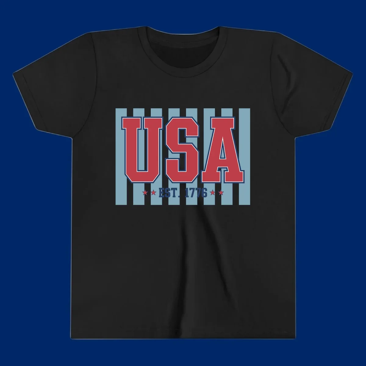 A patriotic design with large red 'USA' letters and 'EST. 1776' text, flanked by stars, against a striped background. usa-1776-founding-heritage.