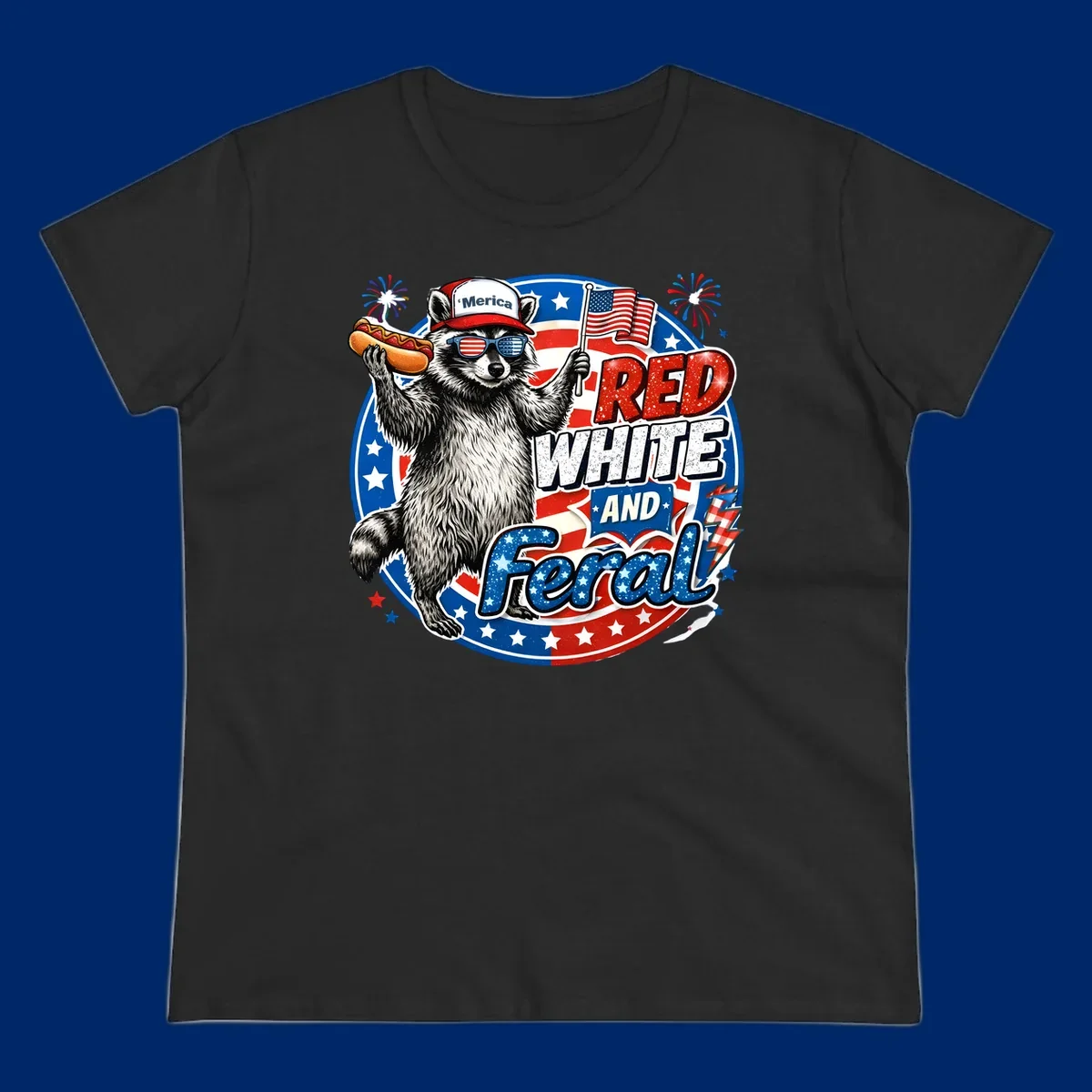 A patriotic-raccoon-feral illustration of a raccoon in a 'Merica hat, flag sunglasses, holding a hotdog and US flag. Text: RED WHITE AND Feral.