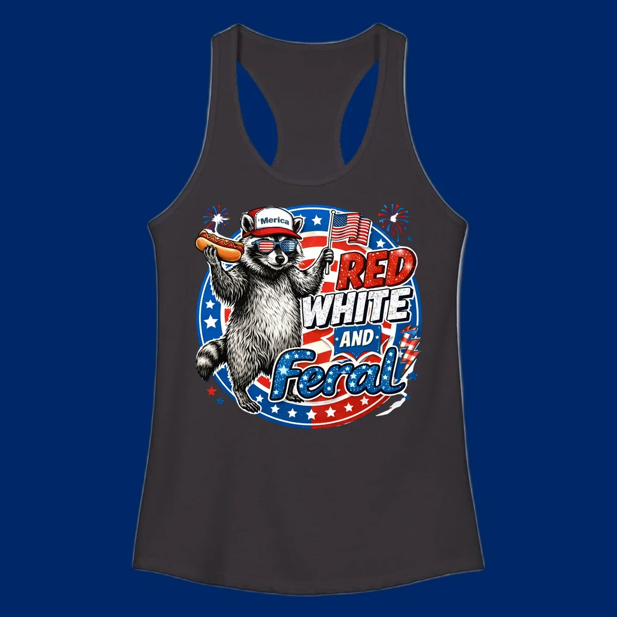 A patriotic-raccoon-feral illustration of a raccoon in a 'Merica hat, flag sunglasses, holding a hotdog and US flag. Text: RED WHITE AND Feral.