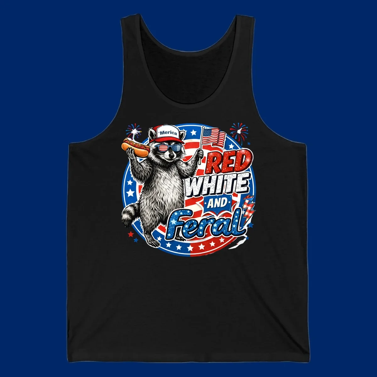 A patriotic-raccoon-feral illustration of a raccoon in a 'Merica hat, flag sunglasses, holding a hotdog and US flag. Text: RED WHITE AND Feral.
