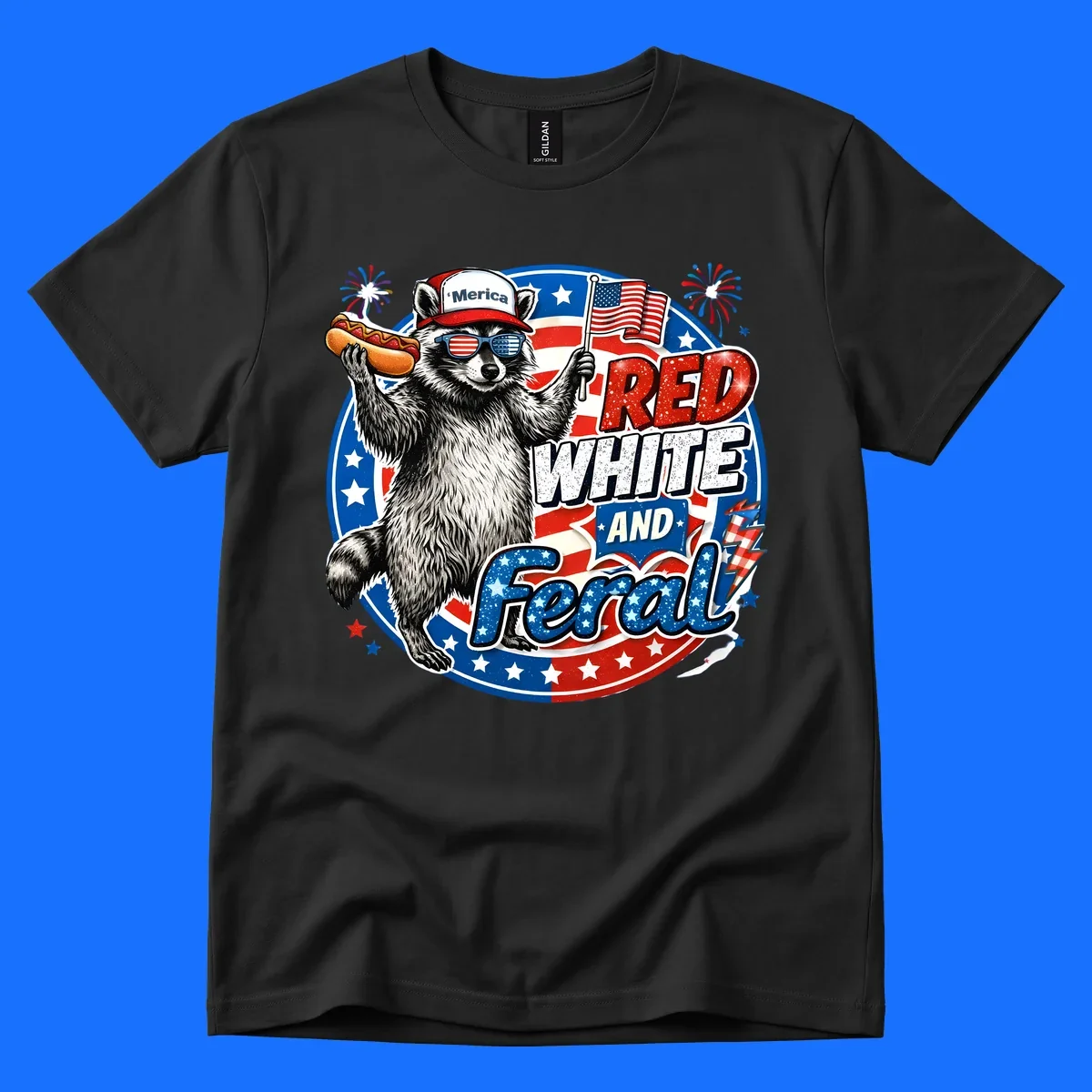A patriotic-raccoon-feral illustration of a raccoon in a 'Merica hat, flag sunglasses, holding a hotdog and US flag. Text: RED WHITE AND Feral.