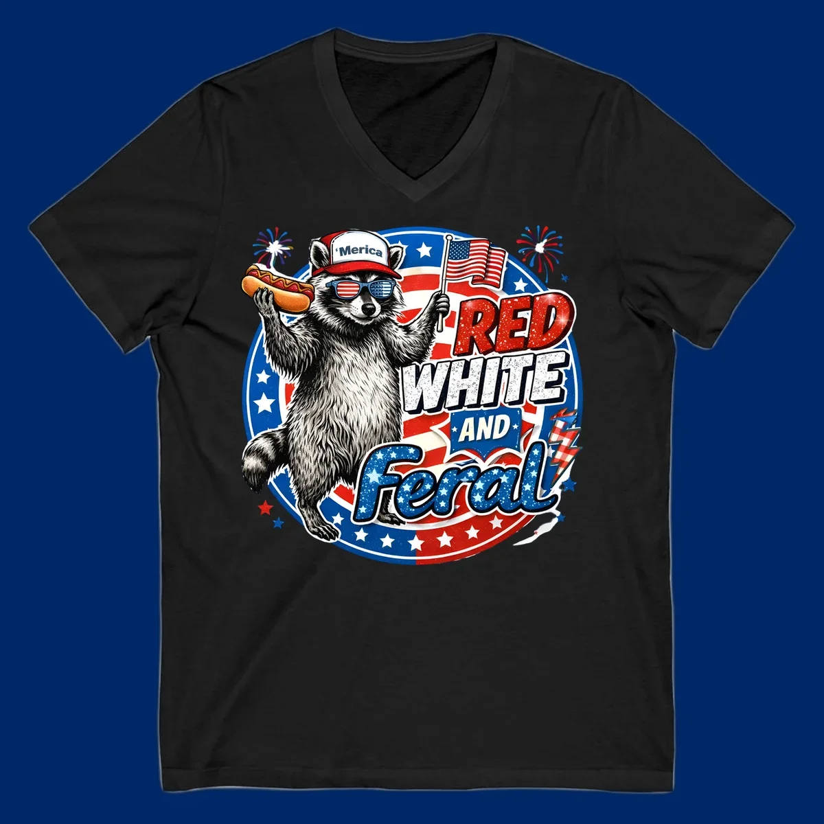A patriotic-raccoon-feral illustration of a raccoon in a 'Merica hat, flag sunglasses, holding a hotdog and US flag. Text: RED WHITE AND Feral.