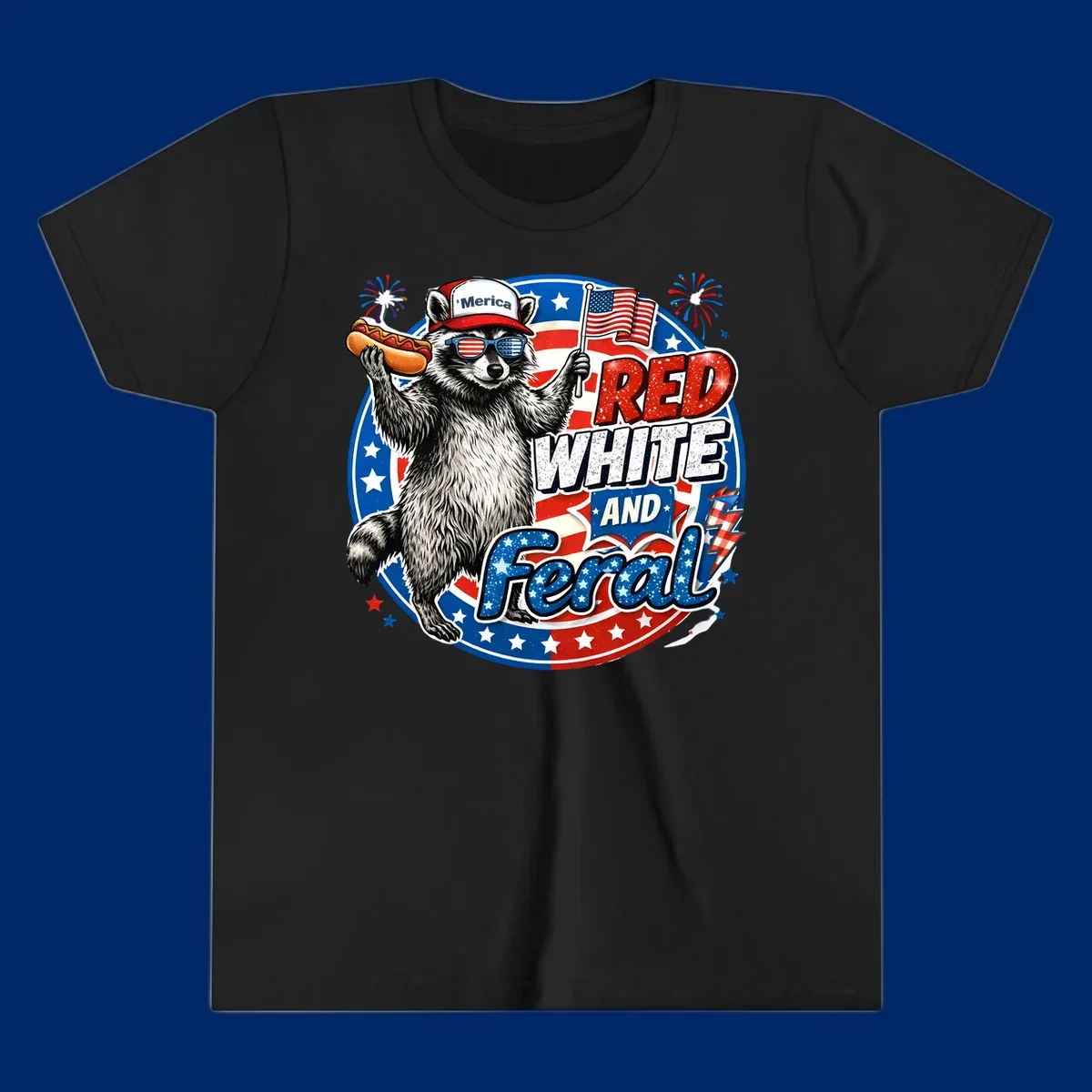 A patriotic-raccoon-feral illustration of a raccoon in a 'Merica hat, flag sunglasses, holding a hotdog and US flag. Text: RED WHITE AND Feral.