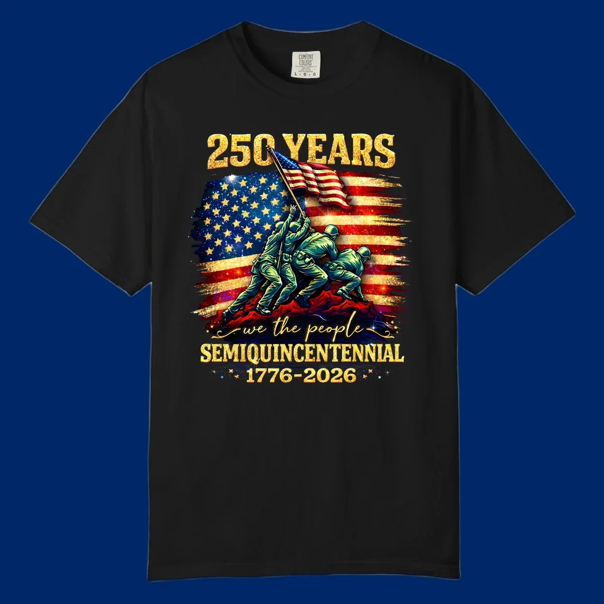 Illustrated design for America's 250th anniversary featuring soldiers raising a glittery American flag and 'we the people' text; america-250th-flag-raising.
