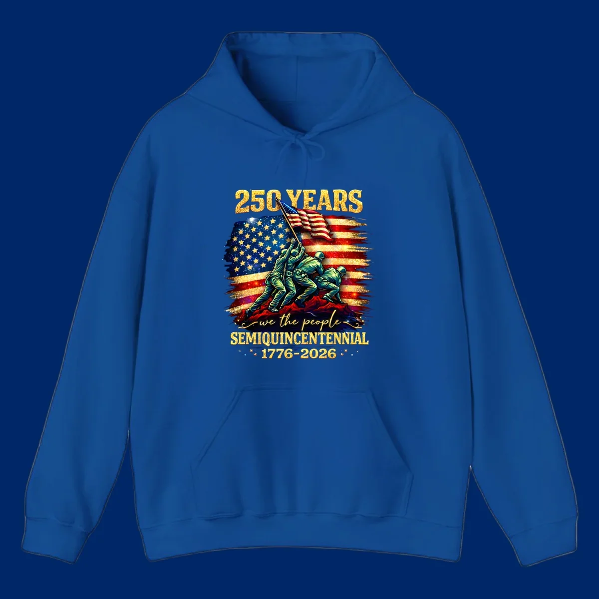 Illustrated design for America's 250th anniversary featuring soldiers raising a glittery American flag and 'we the people' text; america-250th-flag-raising.