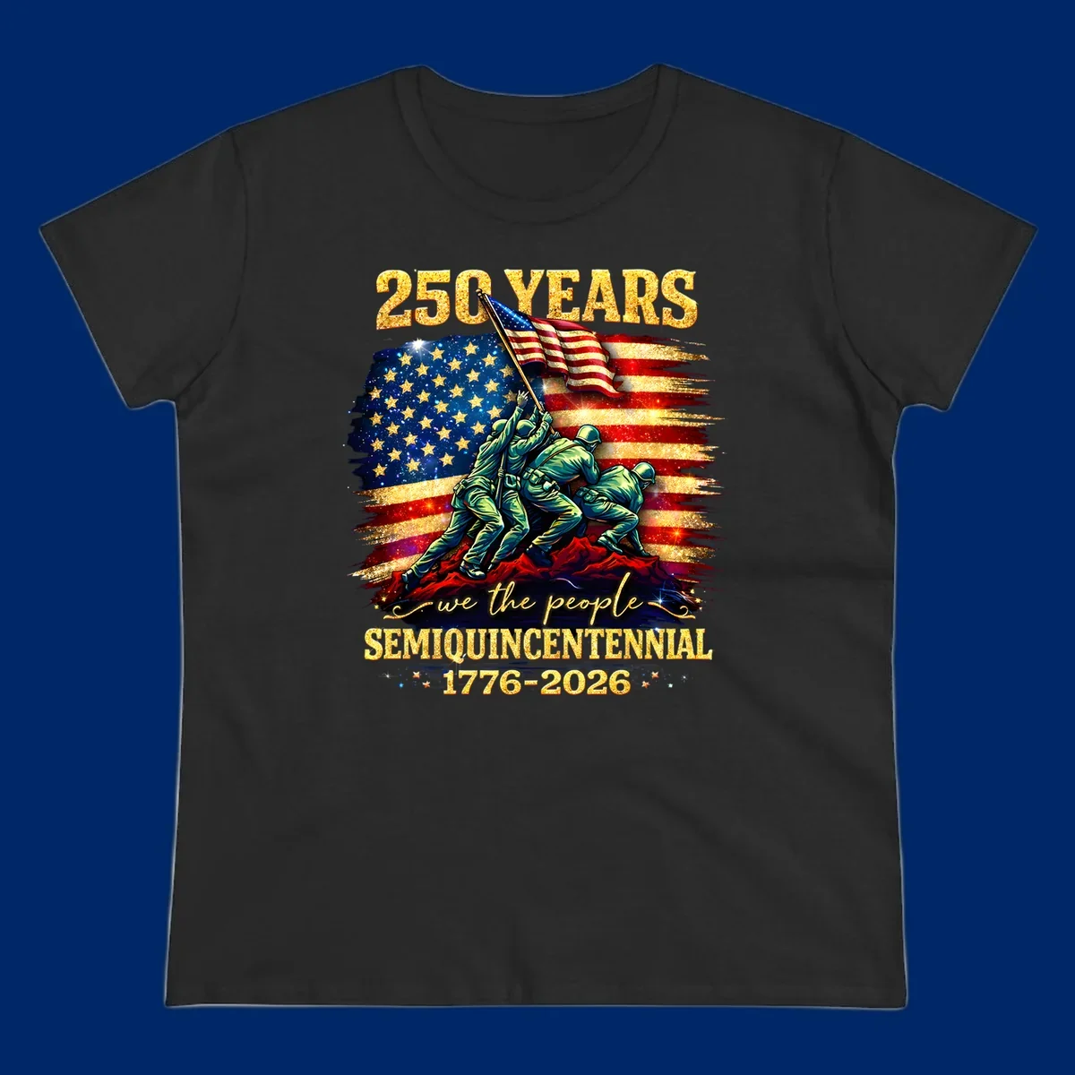 Illustrated design for America's 250th anniversary featuring soldiers raising a glittery American flag and 'we the people' text; america-250th-flag-raising.