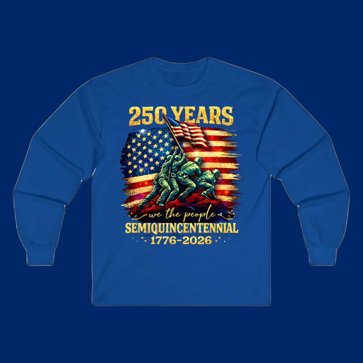 Illustrated design for America's 250th anniversary featuring soldiers raising a glittery American flag and 'we the people' text; america-250th-flag-raising.