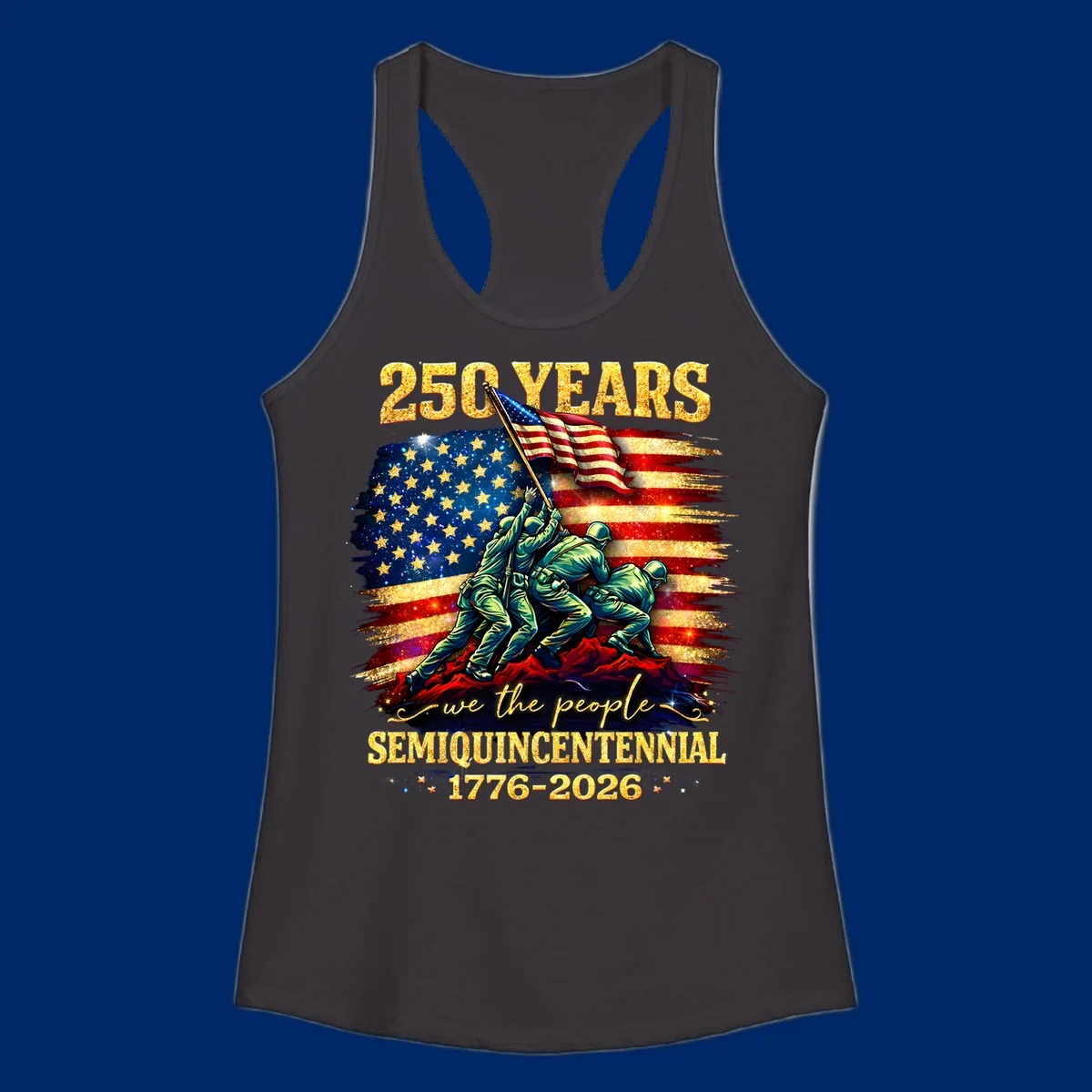 Illustrated design for America's 250th anniversary featuring soldiers raising a glittery American flag and 'we the people' text; america-250th-flag-raising.