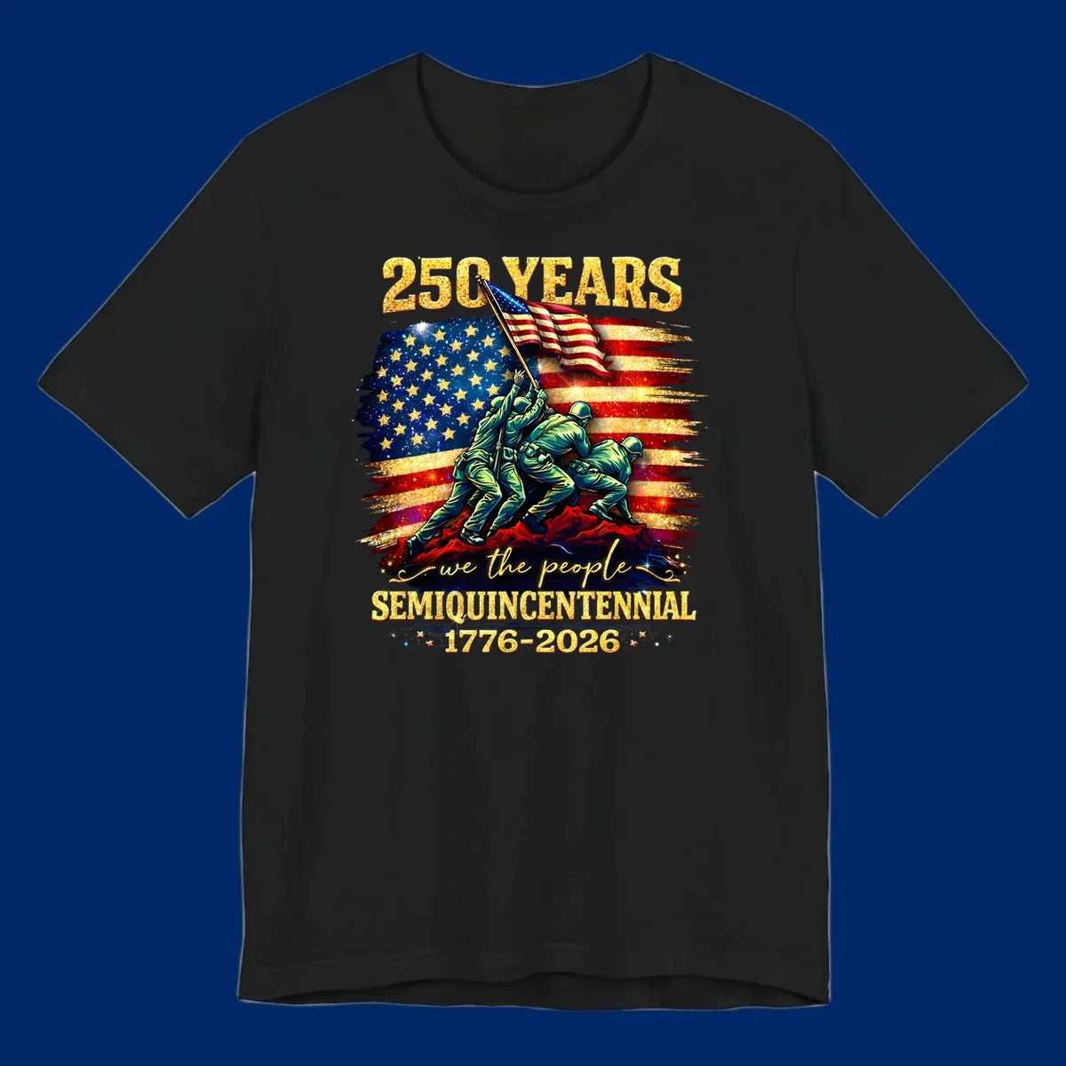 Illustrated design for America's 250th anniversary featuring soldiers raising a glittery American flag and 'we the people' text; america-250th-flag-raising.
