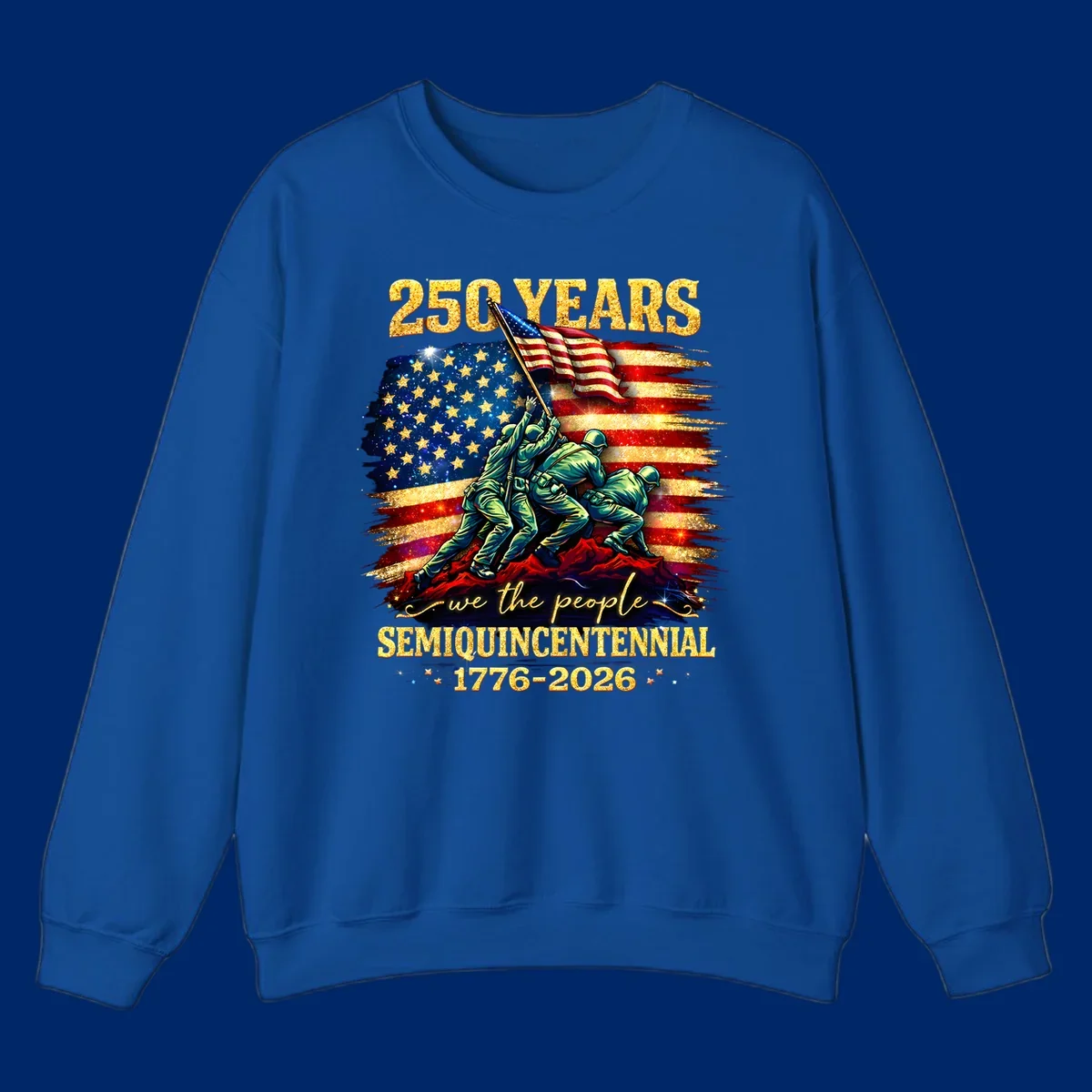Illustrated design for America's 250th anniversary featuring soldiers raising a glittery American flag and 'we the people' text; america-250th-flag-raising.