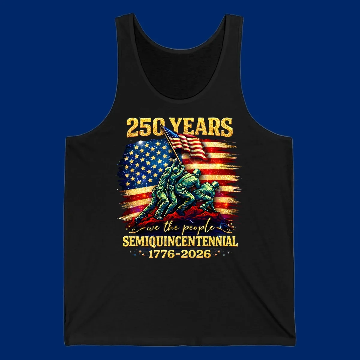 Illustrated design for America's 250th anniversary featuring soldiers raising a glittery American flag and 'we the people' text; america-250th-flag-raising.