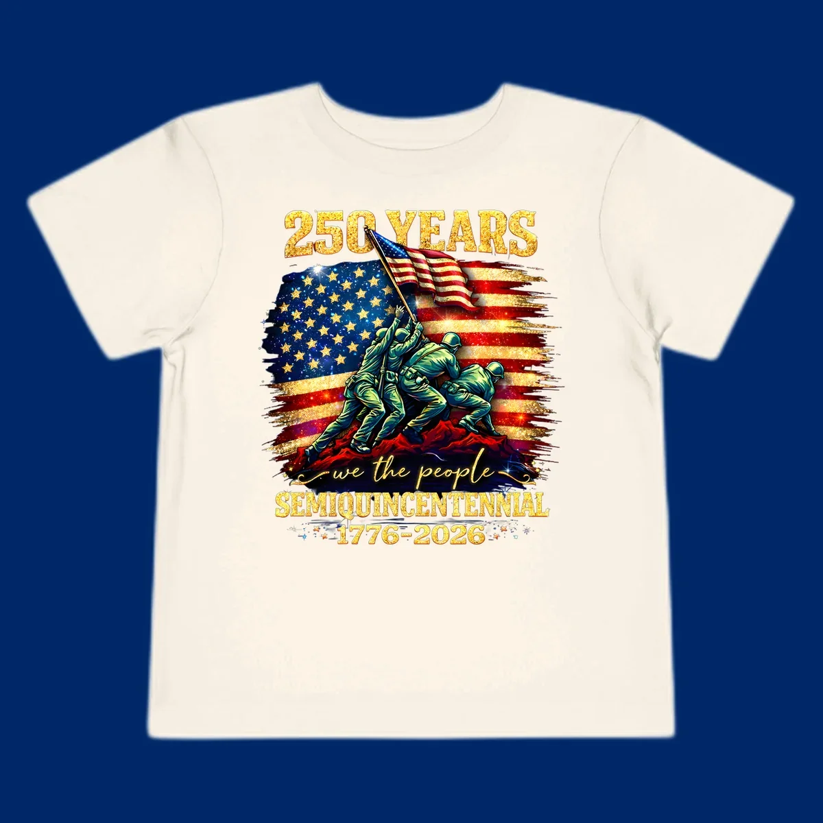Illustrated design for America's 250th anniversary featuring soldiers raising a glittery American flag and 'we the people' text; america-250th-flag-raising.