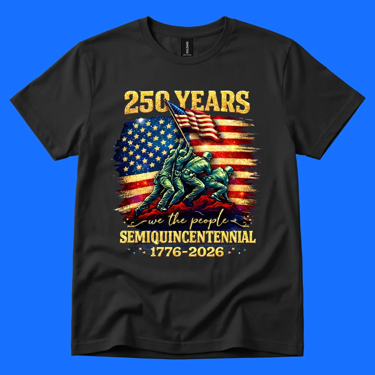Illustrated design for America's 250th anniversary featuring soldiers raising a glittery American flag and 'we the people' text; america-250th-flag-raising.