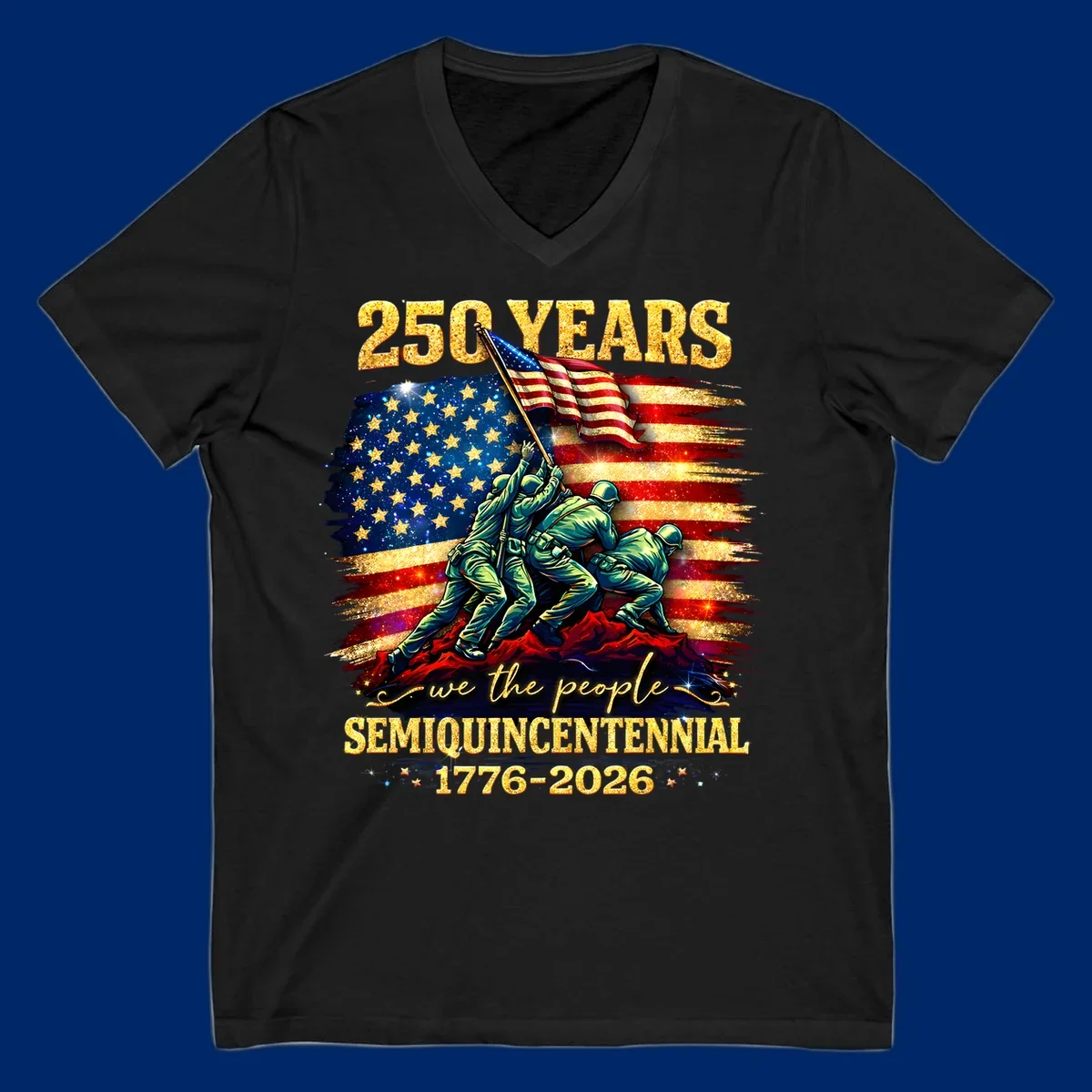 Illustrated design for America's 250th anniversary featuring soldiers raising a glittery American flag and 'we the people' text; america-250th-flag-raising.