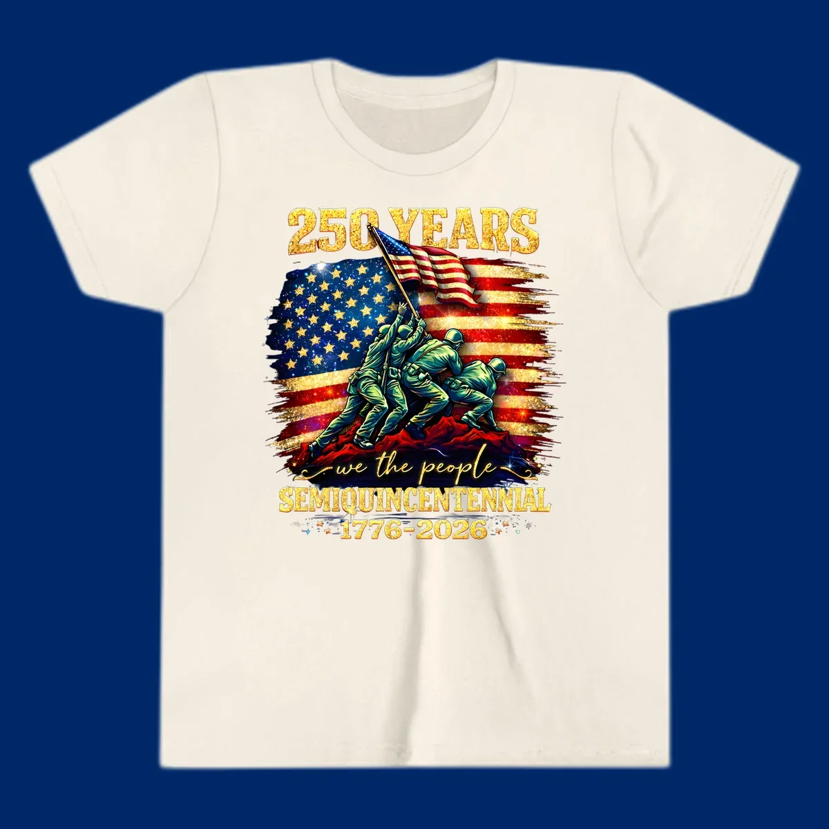 Illustrated design for America's 250th anniversary featuring soldiers raising a glittery American flag and 'we the people' text; america-250th-flag-raising.