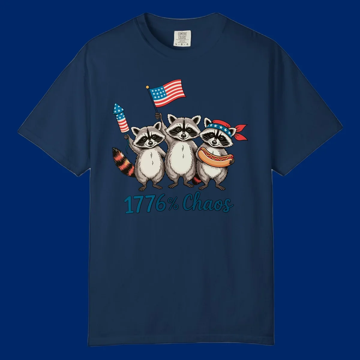 Illustration of three patriotic raccoons celebrating with an American flag, firework, and hot dog, with '1776% Chaos' text. Represents 1776-chaos-raccoons-celebration.