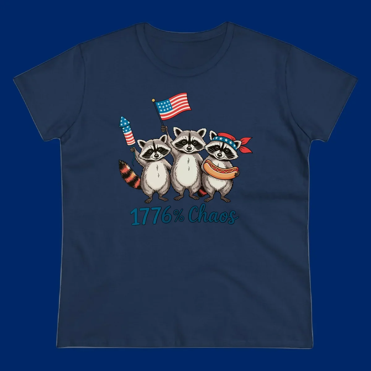 Illustration of three patriotic raccoons celebrating with an American flag, firework, and hot dog, with '1776% Chaos' text. Represents 1776-chaos-raccoons-celebration.