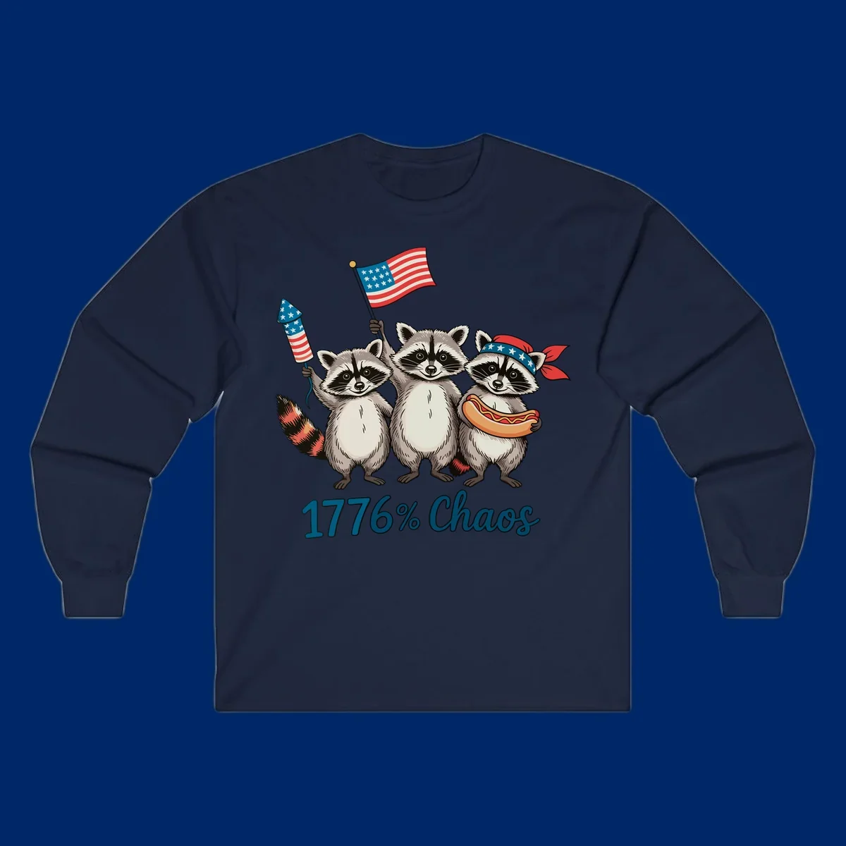 Illustration of three patriotic raccoons celebrating with an American flag, firework, and hot dog, with '1776% Chaos' text. Represents 1776-chaos-raccoons-celebration.