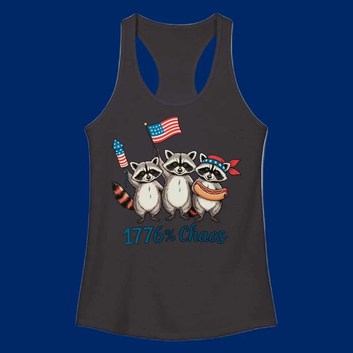 Illustration of three patriotic raccoons celebrating with an American flag, firework, and hot dog, with '1776% Chaos' text. Represents 1776-chaos-raccoons-celebration.