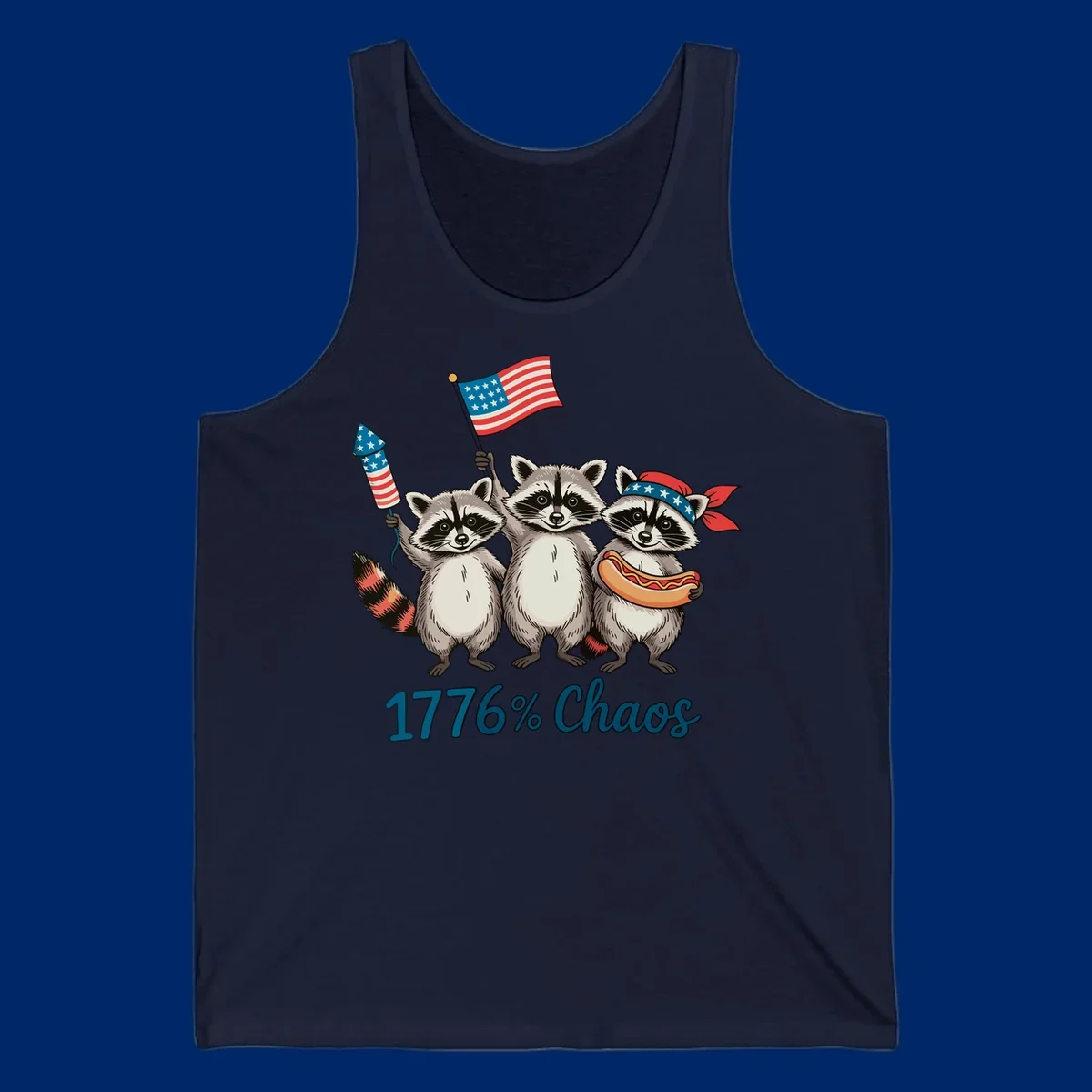 Illustration of three patriotic raccoons celebrating with an American flag, firework, and hot dog, with '1776% Chaos' text. Represents 1776-chaos-raccoons-celebration.