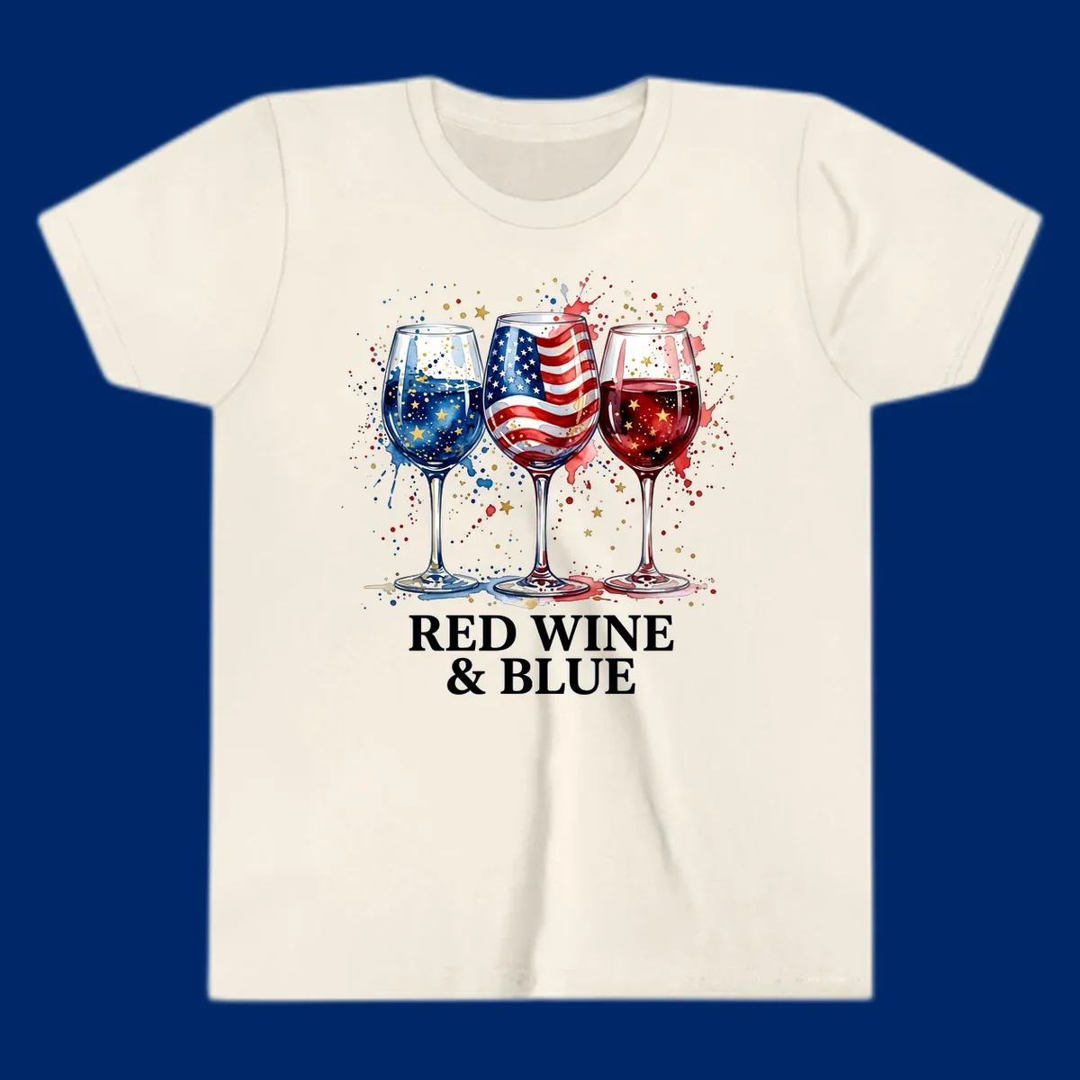 Watercolor illustration of three wine glasses, one with an American flag, one with blue liquid and gold stars, and one with red liquid and gold stars, with the text 'RED WINE & BLUE'. This red-wine-blue-patriotic design celebrates American heritage.