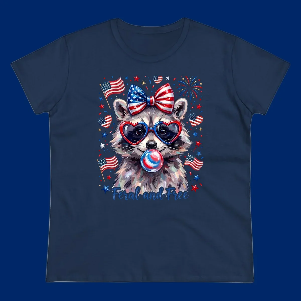 Watercolor illustration of a patriotic raccoon wearing heart sunglasses, blowing bubblegum, with American flags, fireworks, and 'Feral and Free' text for a patriotic-raccoon-july-4th celebration.