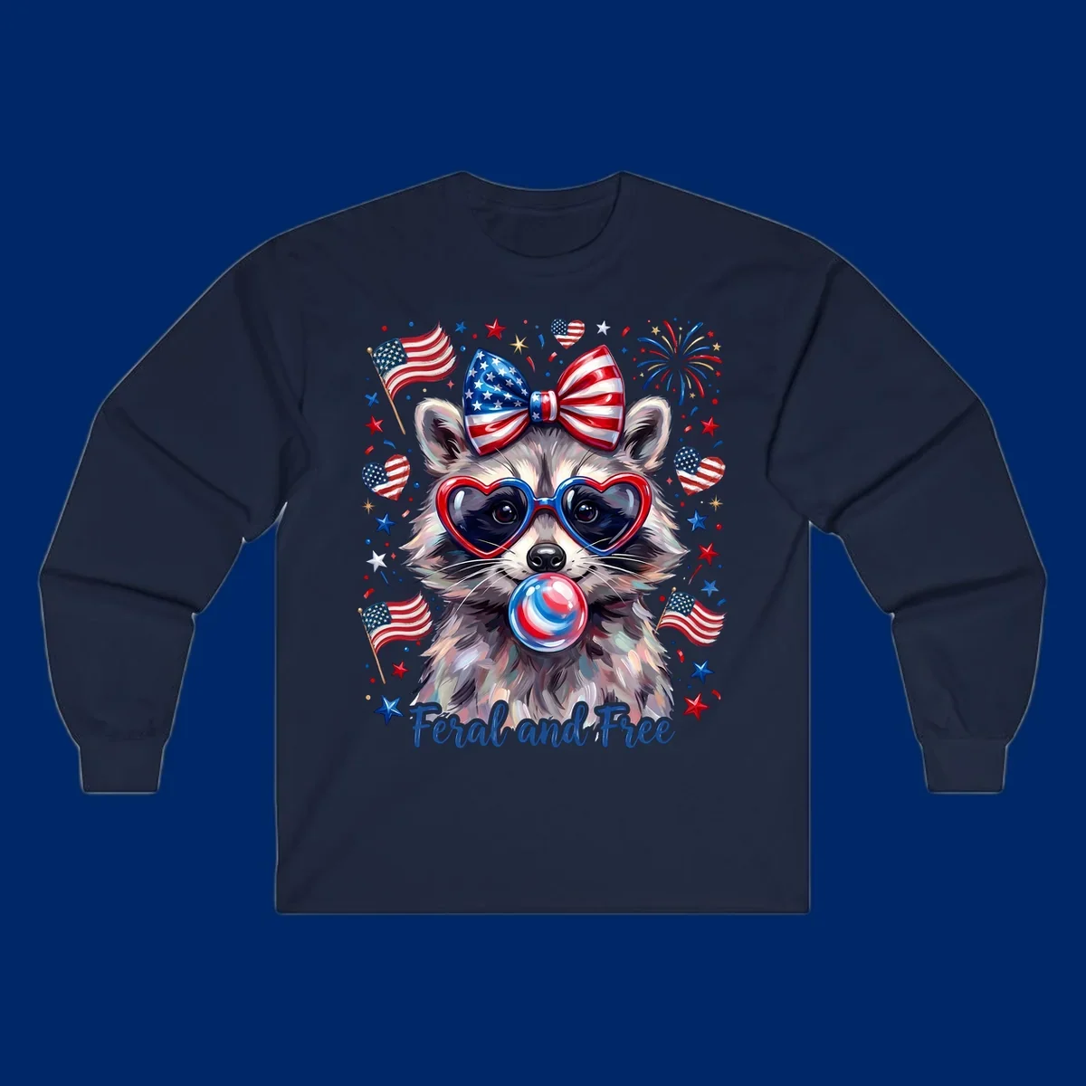 Watercolor illustration of a patriotic raccoon wearing heart sunglasses, blowing bubblegum, with American flags, fireworks, and 'Feral and Free' text for a patriotic-raccoon-july-4th celebration.