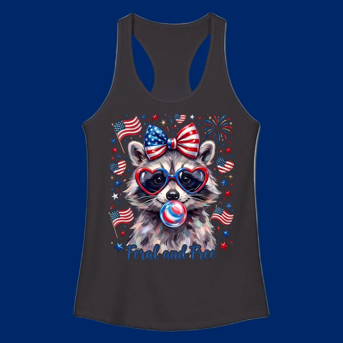 Watercolor illustration of a patriotic raccoon wearing heart sunglasses, blowing bubblegum, with American flags, fireworks, and 'Feral and Free' text for a patriotic-raccoon-july-4th celebration.