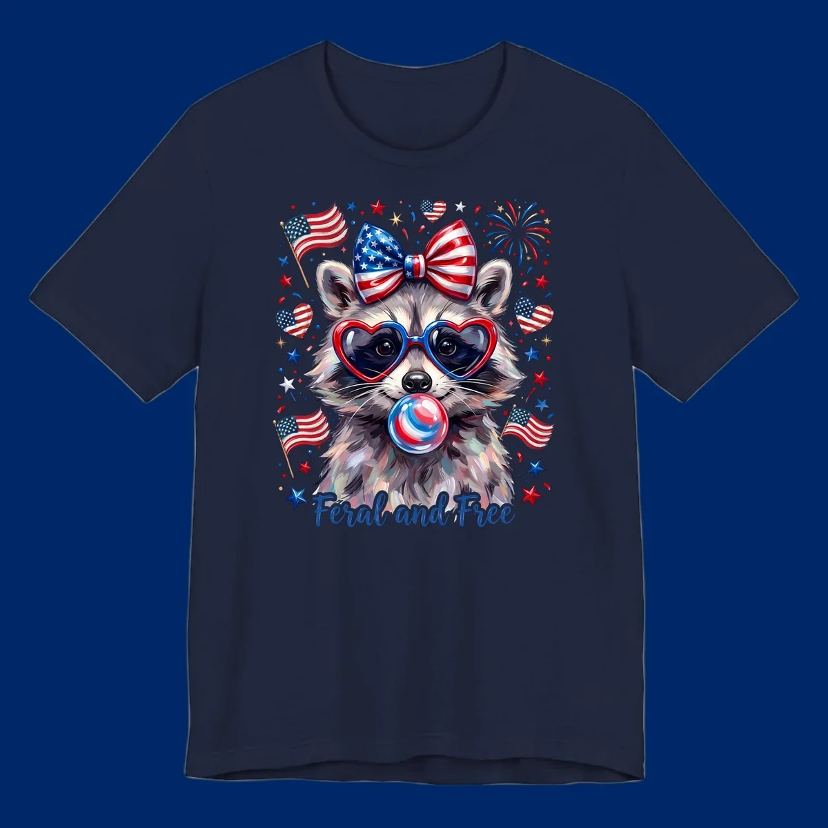 Watercolor illustration of a patriotic raccoon wearing heart sunglasses, blowing bubblegum, with American flags, fireworks, and 'Feral and Free' text for a patriotic-raccoon-july-4th celebration.