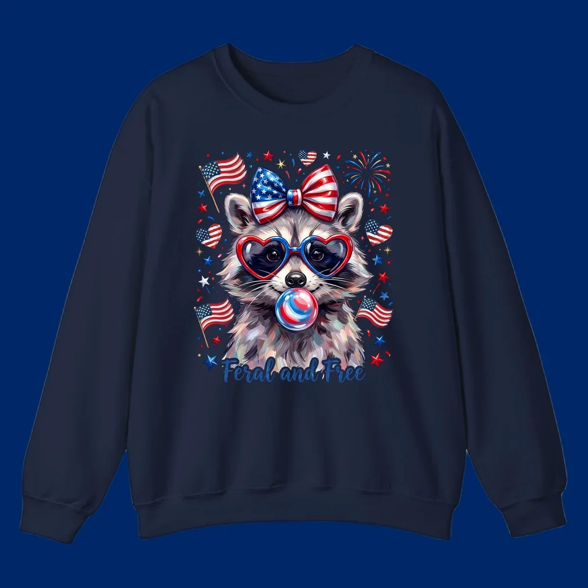 Watercolor illustration of a patriotic raccoon wearing heart sunglasses, blowing bubblegum, with American flags, fireworks, and 'Feral and Free' text for a patriotic-raccoon-july-4th celebration.