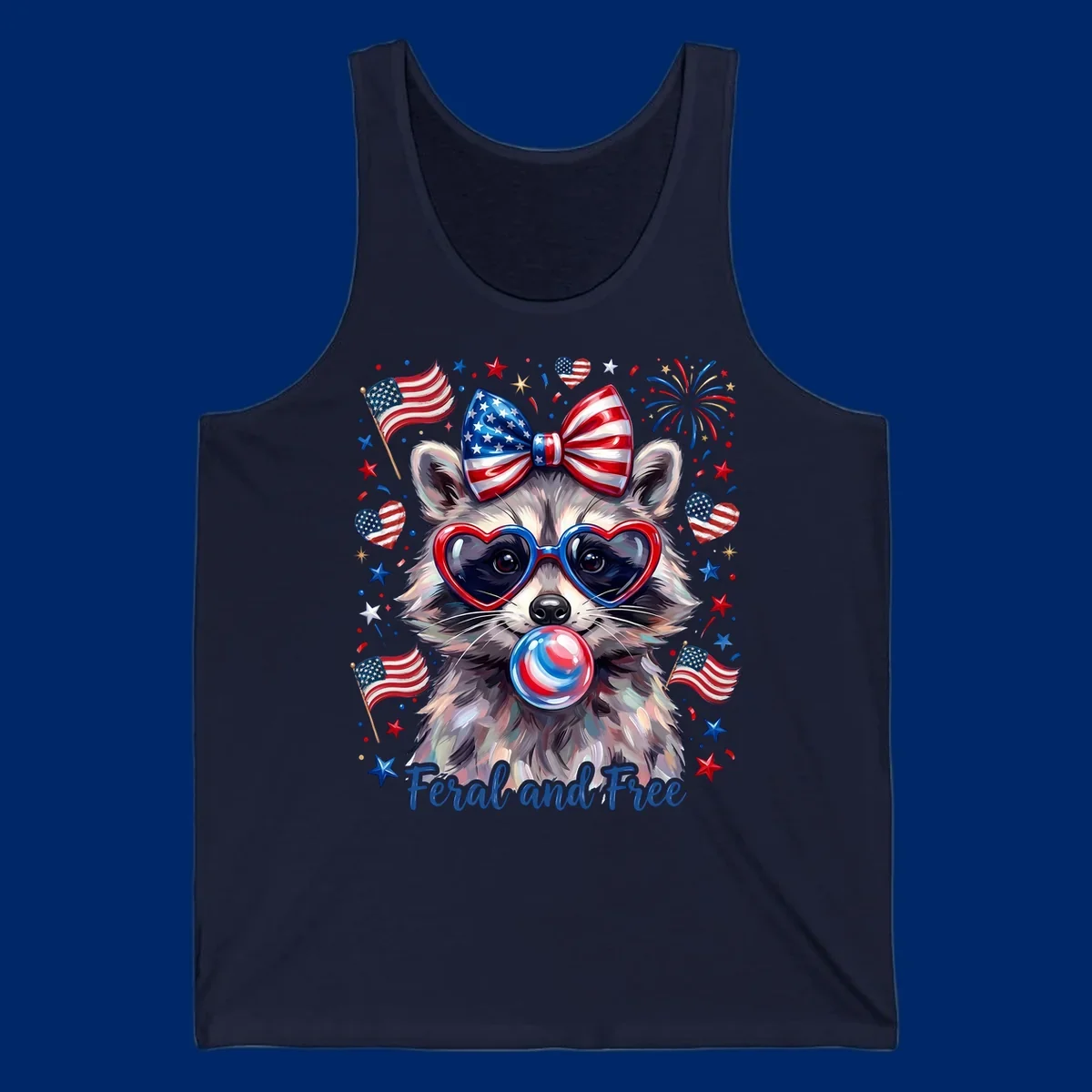 Watercolor illustration of a patriotic raccoon wearing heart sunglasses, blowing bubblegum, with American flags, fireworks, and 'Feral and Free' text for a patriotic-raccoon-july-4th celebration.