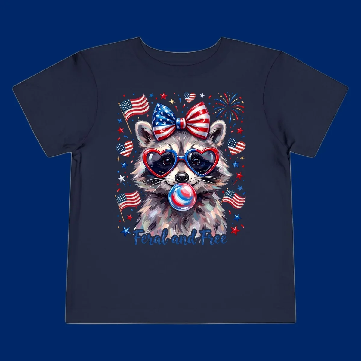 Watercolor illustration of a patriotic raccoon wearing heart sunglasses, blowing bubblegum, with American flags, fireworks, and 'Feral and Free' text for a patriotic-raccoon-july-4th celebration.