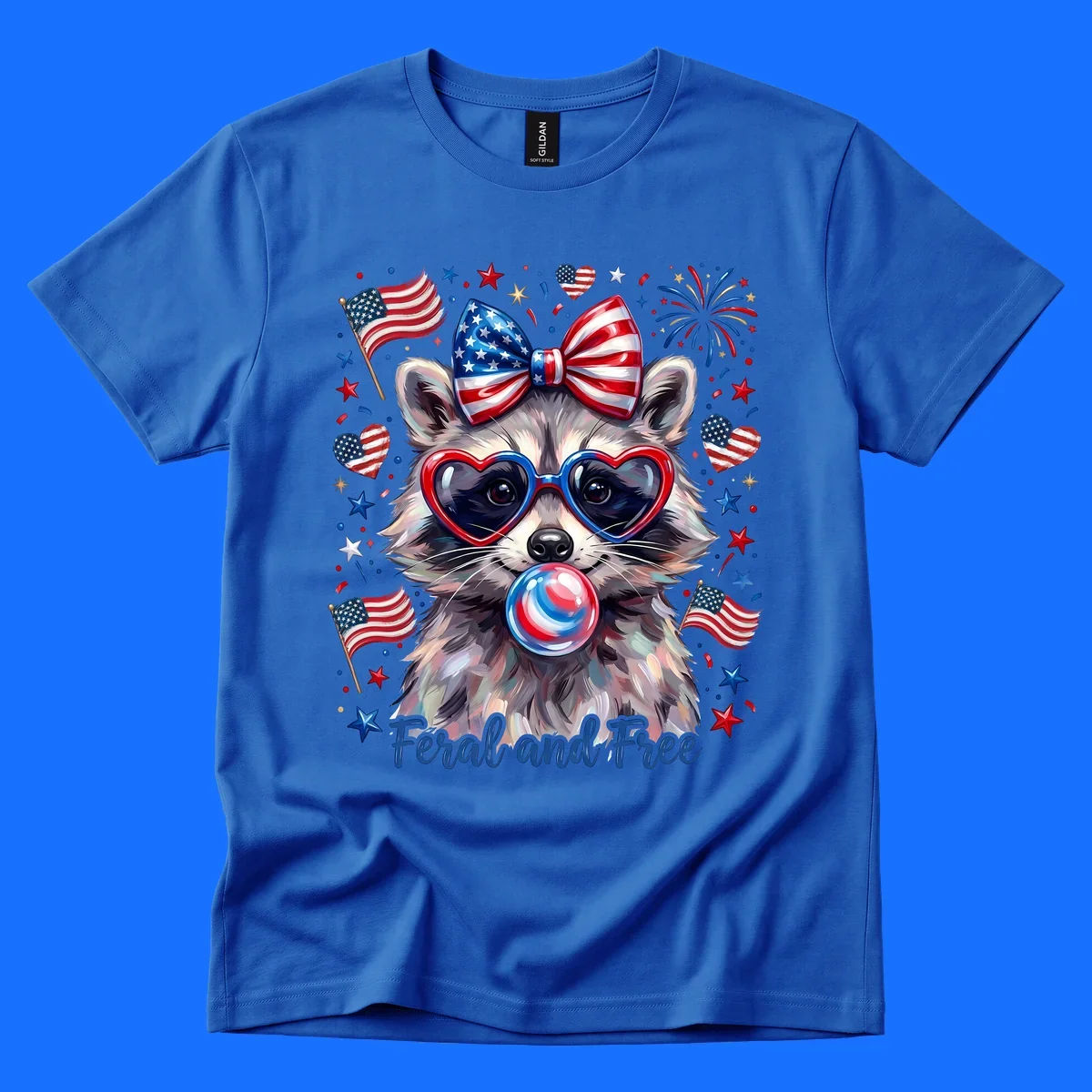 Watercolor illustration of a patriotic raccoon wearing heart sunglasses, blowing bubblegum, with American flags, fireworks, and 'Feral and Free' text for a patriotic-raccoon-july-4th celebration.