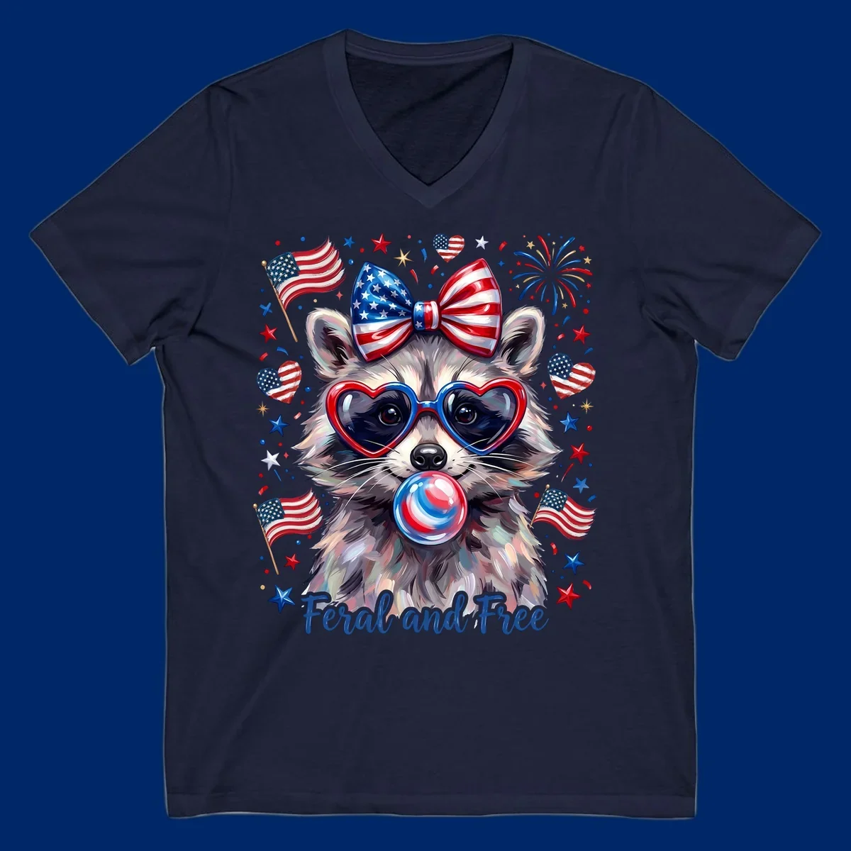 Watercolor illustration of a patriotic raccoon wearing heart sunglasses, blowing bubblegum, with American flags, fireworks, and 'Feral and Free' text for a patriotic-raccoon-july-4th celebration.