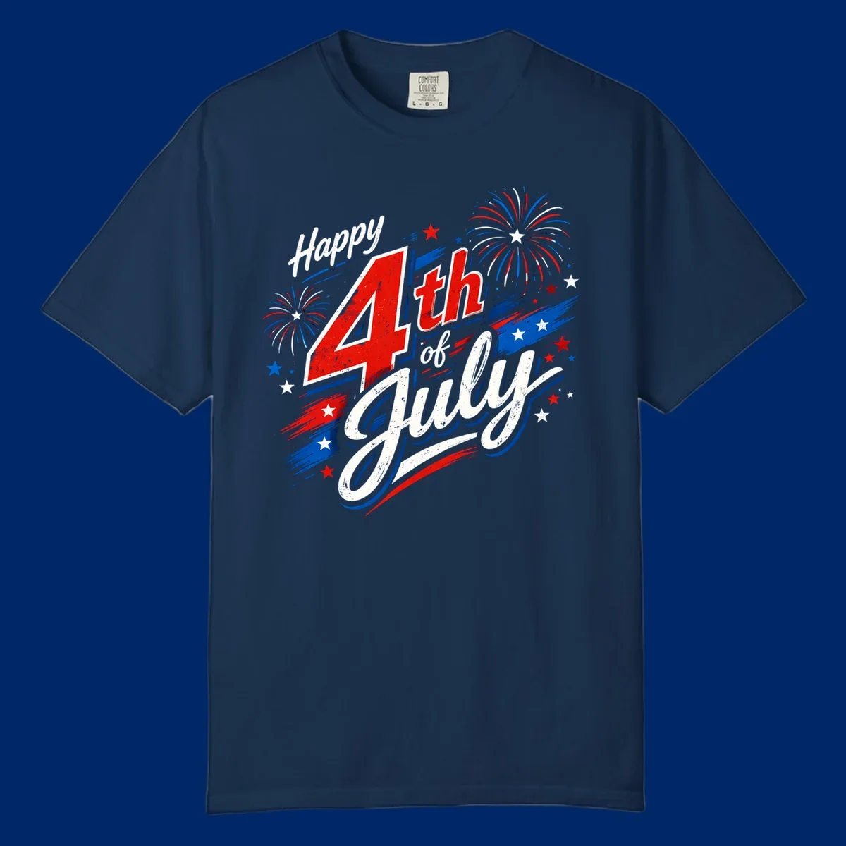 A distressed patriotic design with 'Happy 4th of July' text, fireworks, and stars in red, white, and blue. happy-4th-july-fireworks concept.