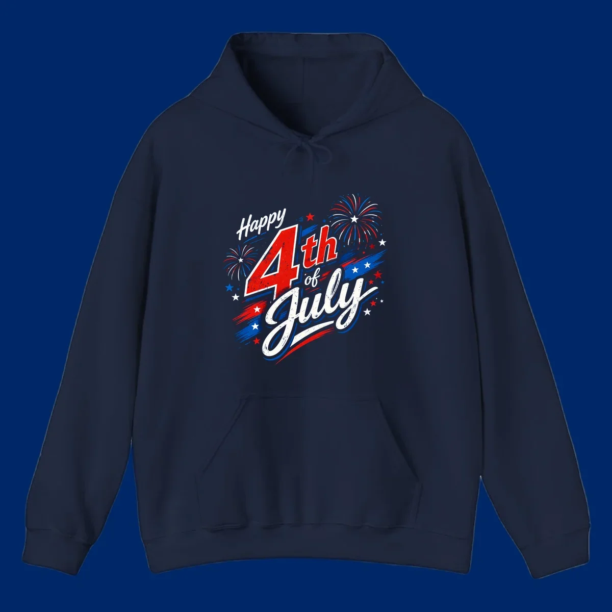 A distressed patriotic design with 'Happy 4th of July' text, fireworks, and stars in red, white, and blue. happy-4th-july-fireworks concept.