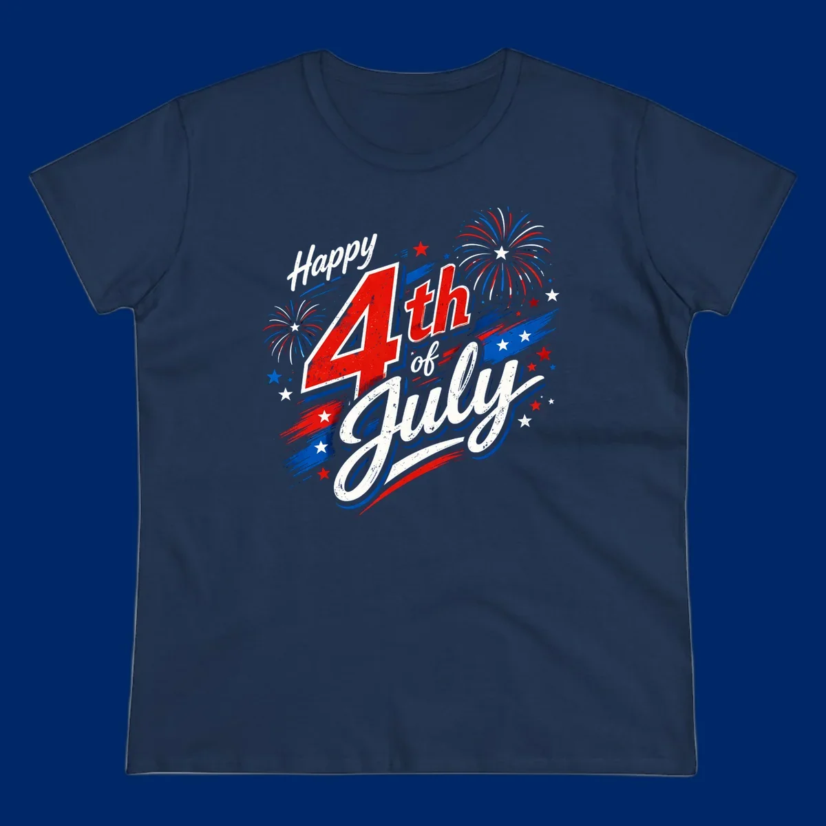 A distressed patriotic design with 'Happy 4th of July' text, fireworks, and stars in red, white, and blue. happy-4th-july-fireworks concept.