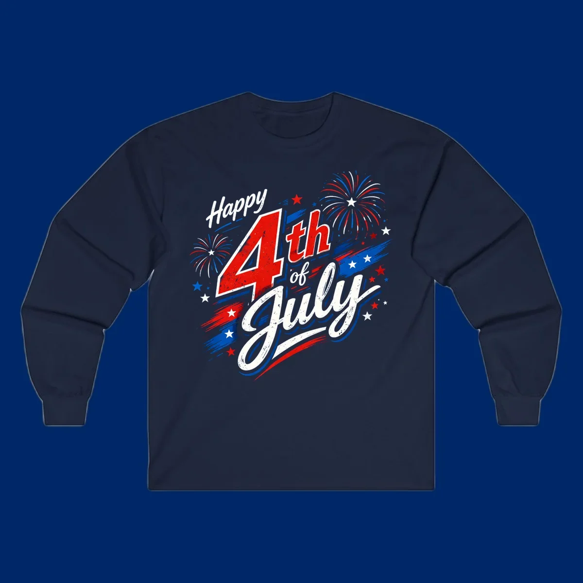 A distressed patriotic design with 'Happy 4th of July' text, fireworks, and stars in red, white, and blue. happy-4th-july-fireworks concept.