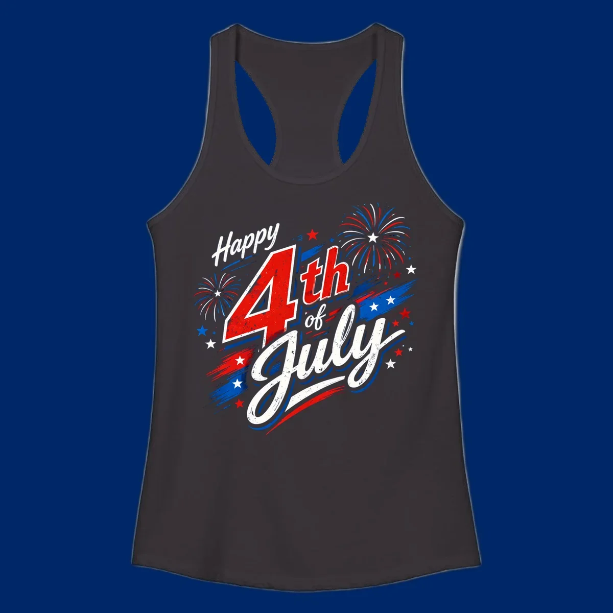 A distressed patriotic design with 'Happy 4th of July' text, fireworks, and stars in red, white, and blue. happy-4th-july-fireworks concept.