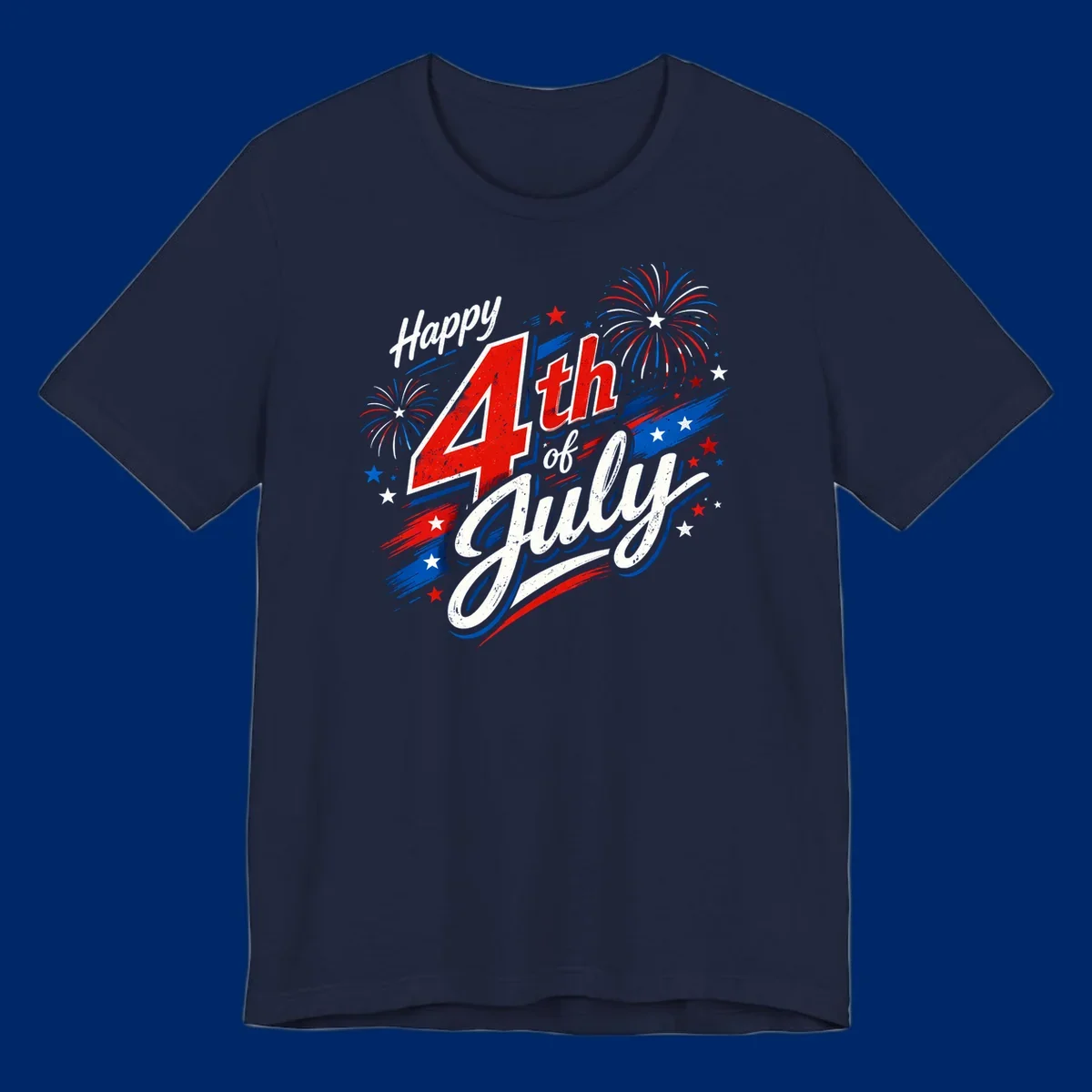 A distressed patriotic design with 'Happy 4th of July' text, fireworks, and stars in red, white, and blue. happy-4th-july-fireworks concept.