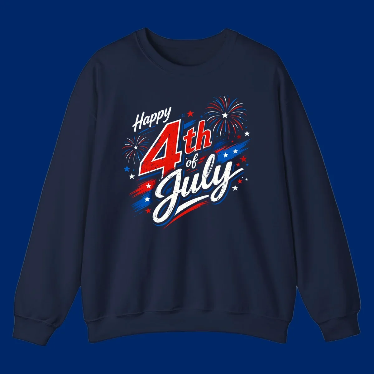 A distressed patriotic design with 'Happy 4th of July' text, fireworks, and stars in red, white, and blue. happy-4th-july-fireworks concept.