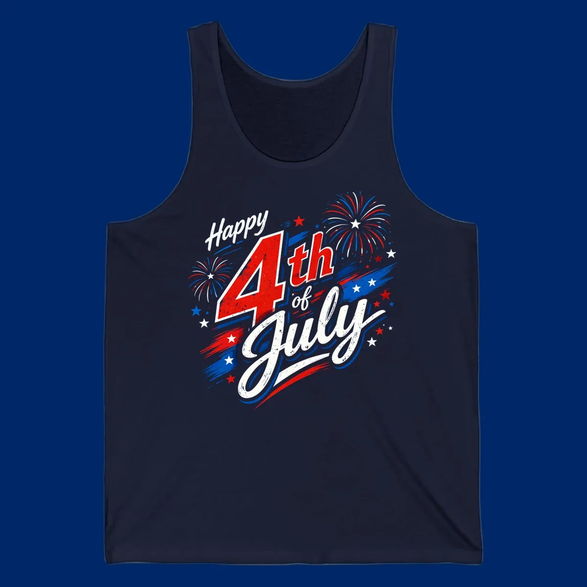 A distressed patriotic design with 'Happy 4th of July' text, fireworks, and stars in red, white, and blue. happy-4th-july-fireworks concept.