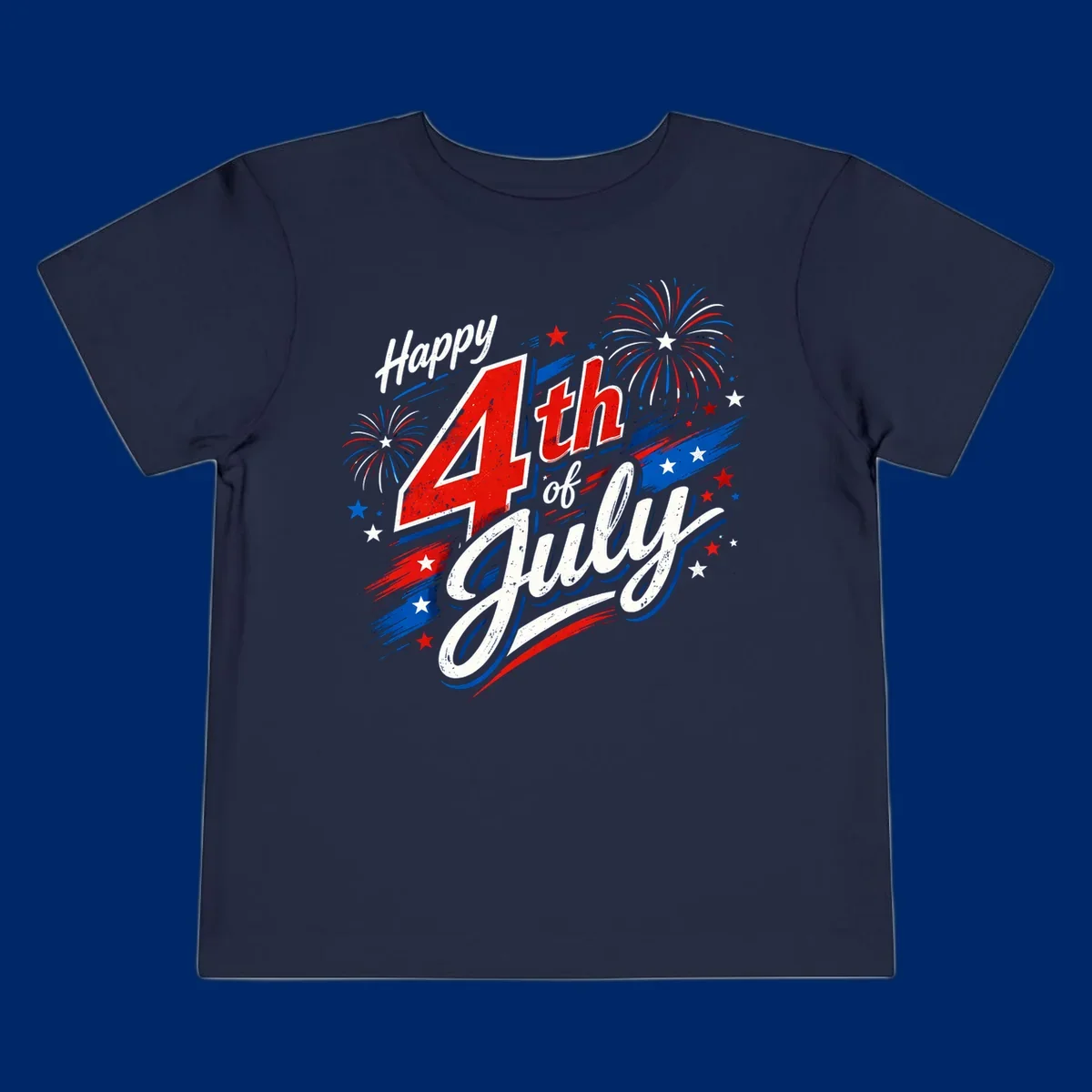 A distressed patriotic design with 'Happy 4th of July' text, fireworks, and stars in red, white, and blue. happy-4th-july-fireworks concept.