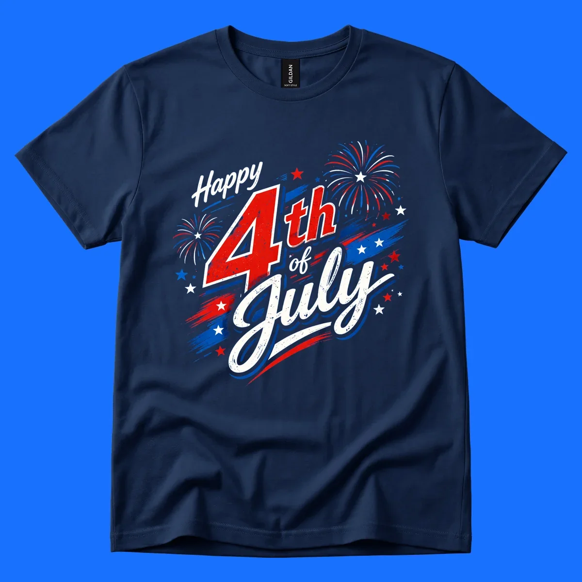 A distressed patriotic design with 'Happy 4th of July' text, fireworks, and stars in red, white, and blue. happy-4th-july-fireworks concept.